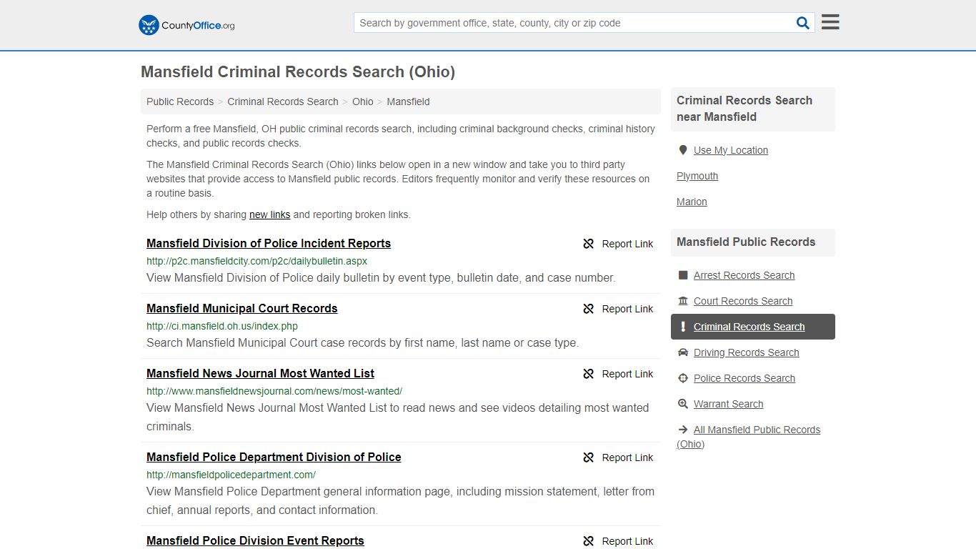 Mansfield Criminal Records Search (Ohio) - County Office